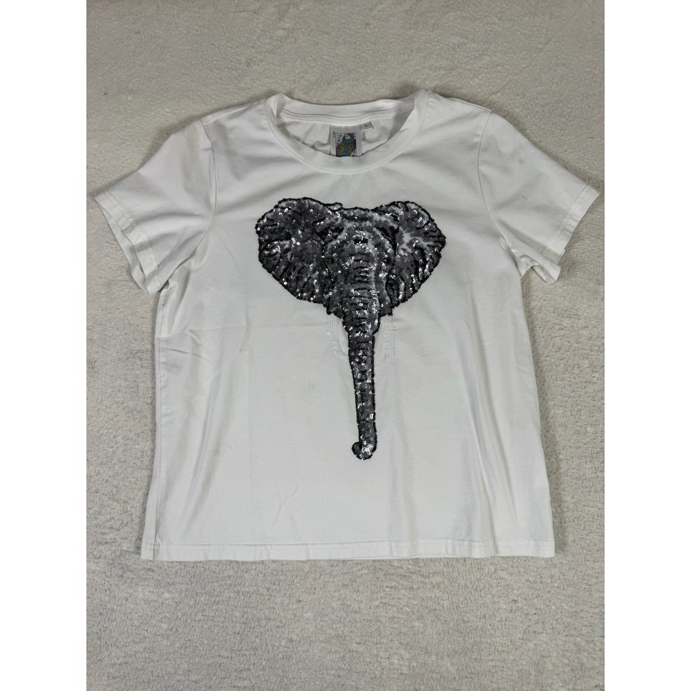 Queen of Sparkles Elephant Sequin T-Shirt Girls Large White Good Short Sleeve
